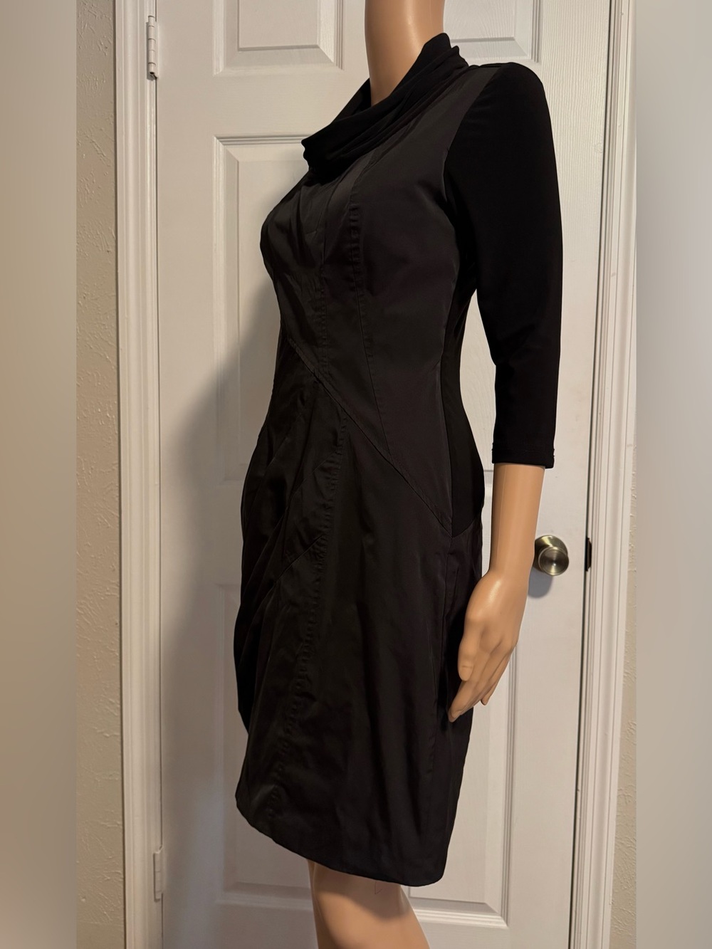 Joseph Ribkoff Black Taffeta Party Dress Mocked Neck Left Side Pleated Size 4